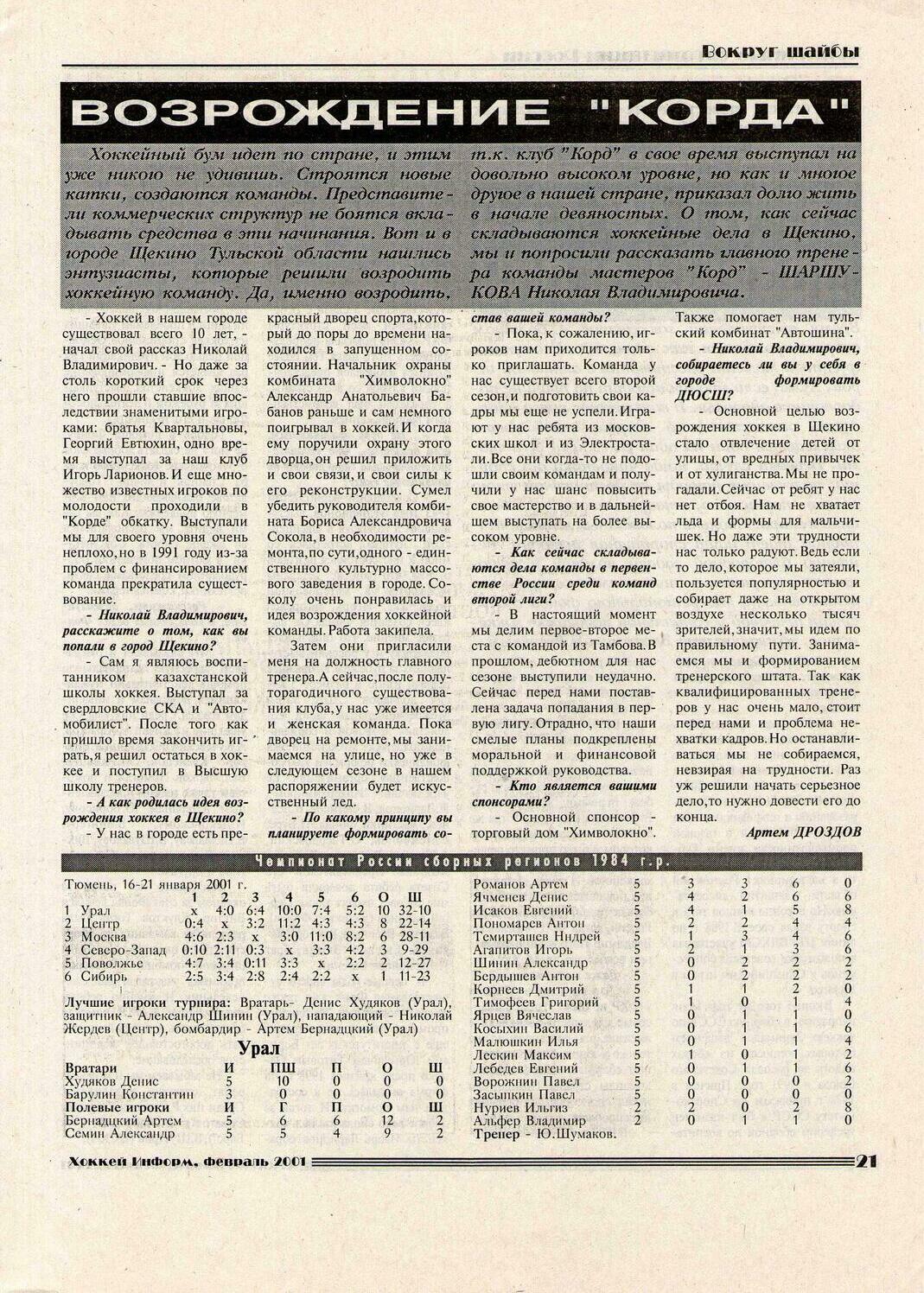Газета Хоккей Информ февраль 2001 года