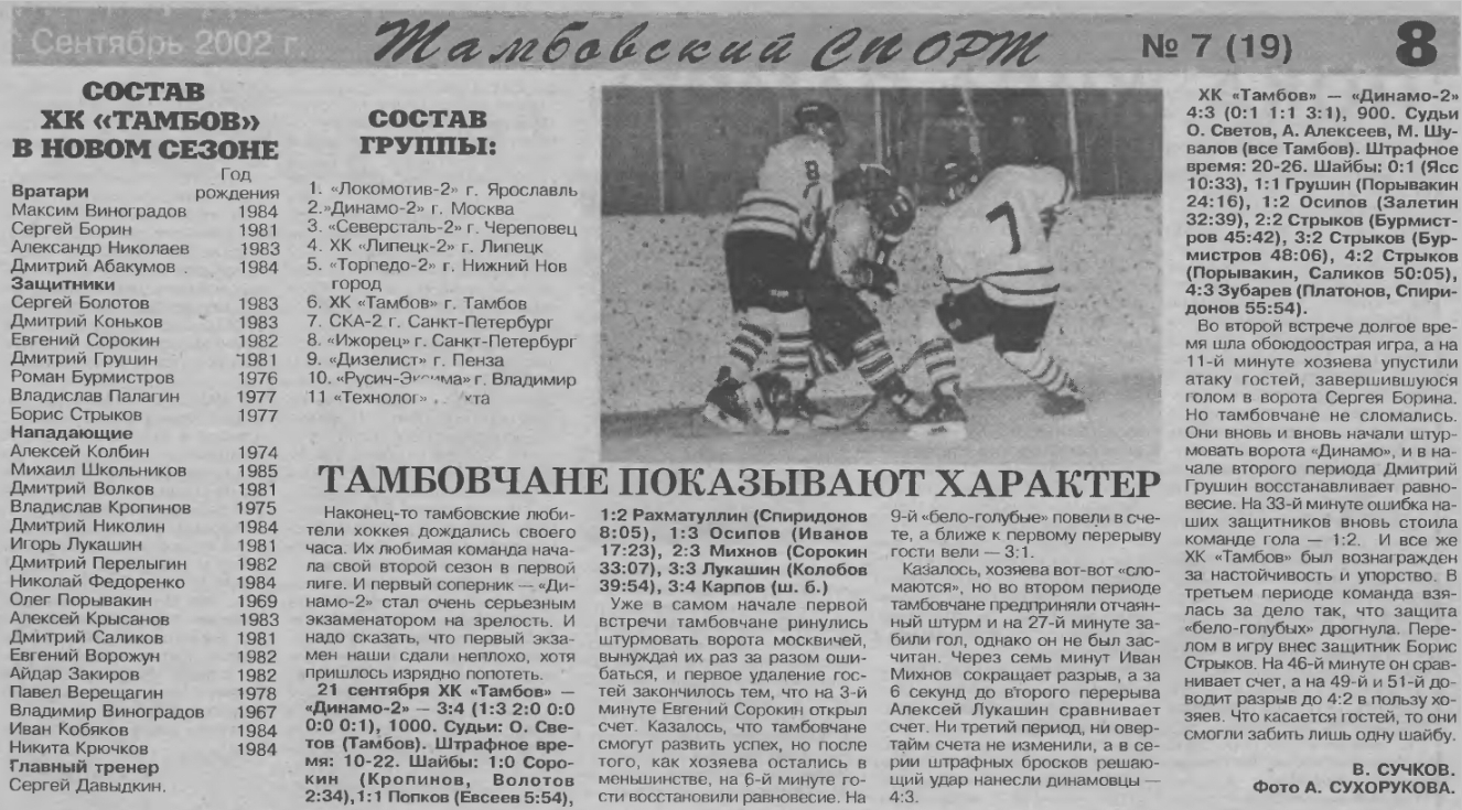 Газета Тамбовский спорт сентябрь 2002 года