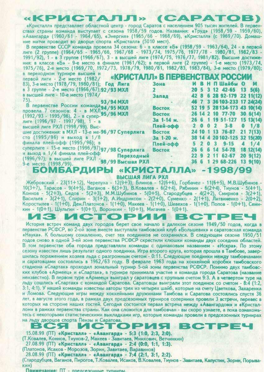 Программа "Авангард" Тамбов - "Кристалл" Саратов №46 от 03-04.10.1999г.