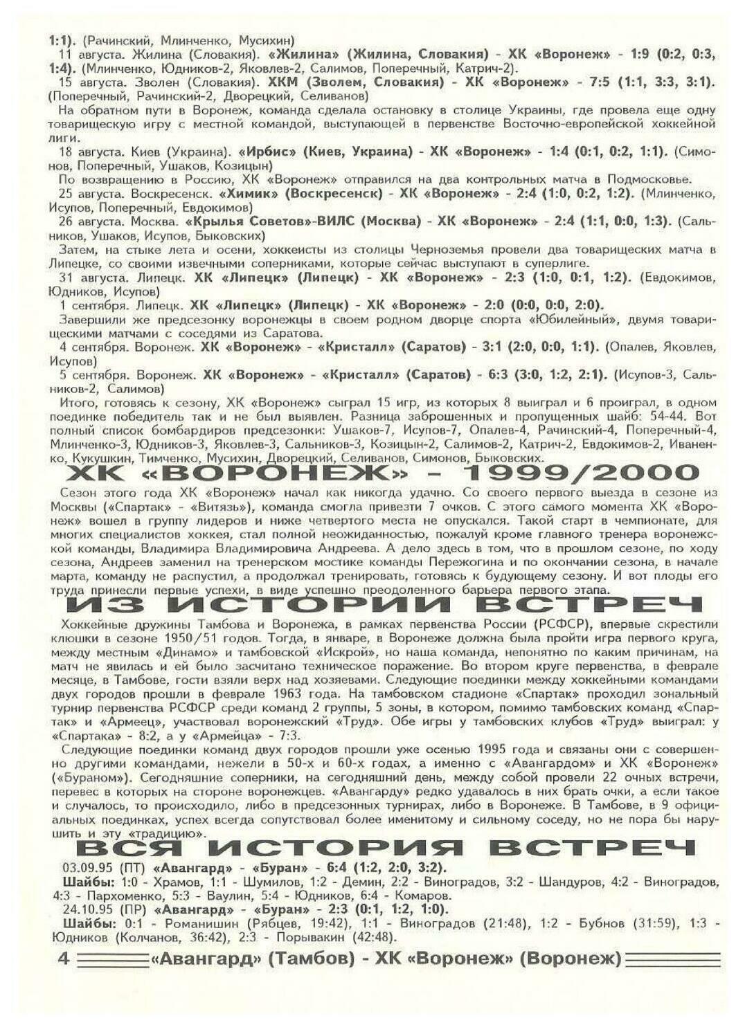 Программа "Авангард" Тамбов - ХК "Воронеж" №54 от 17-18.01.2000г.