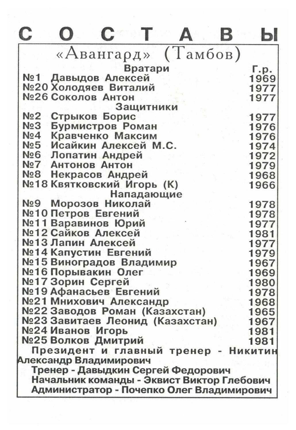 Программа "Авангард" Тамбов - "Мотор" Заволжье №44 от 22.09.1999г.