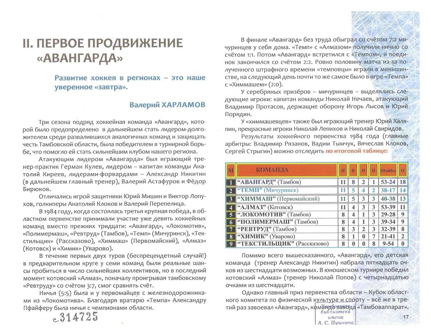 «Наш хоккей» — Первое продвижение «Авангарда» Книга А.Малин «Наш хоккей»