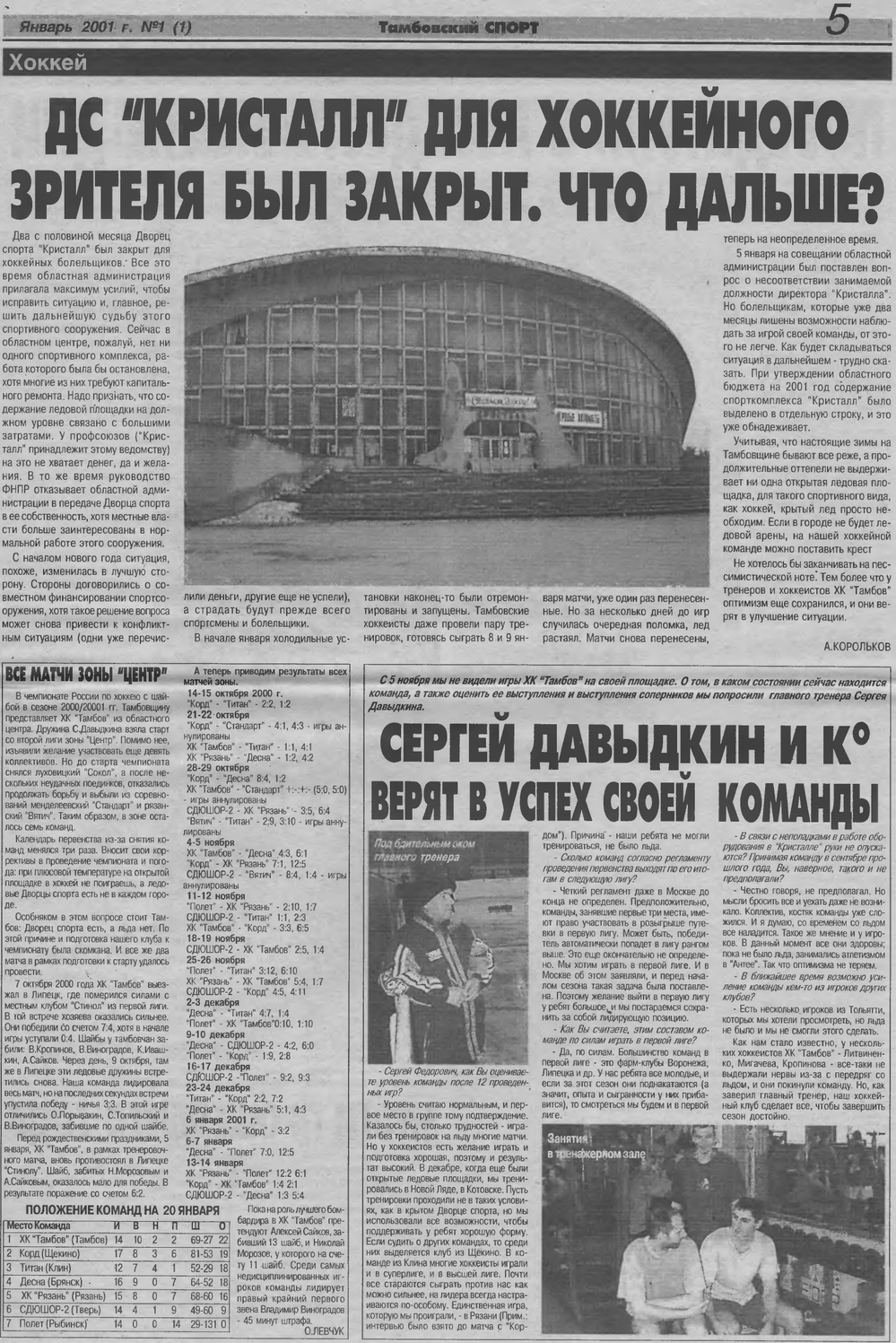Газета Тамбовский спорт январь 2001 года