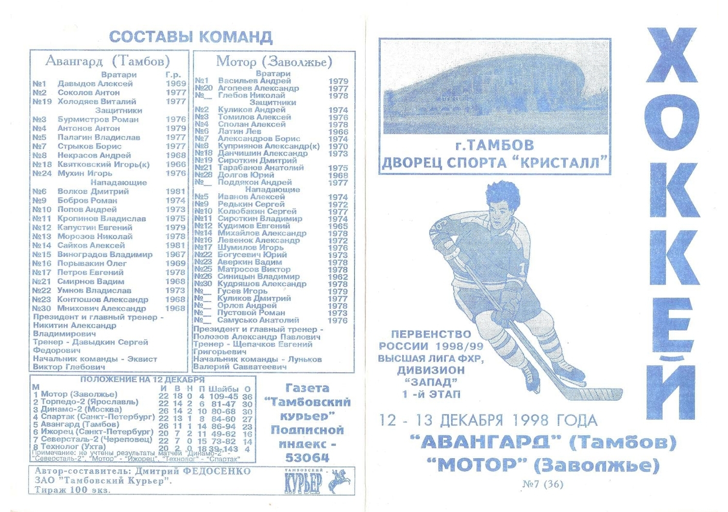 Программа "Авангард" Тамбов - "Мотор" Заволжье №36 от 12-13.12.1998г.