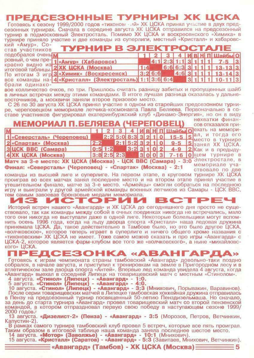 Программа "Авангард" Тамбов" - ХК ЦСКА Москва №45 от 26-27.09.1999г.