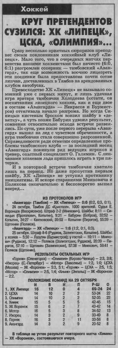"Липецкая спортивная газета" №1 от 29.10.1996г.