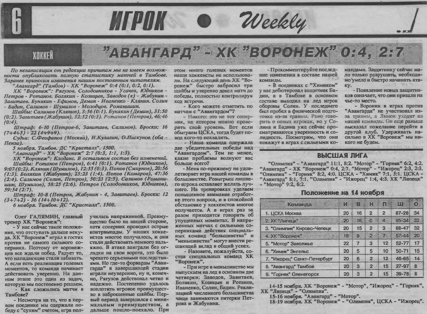 Газета "Игрок" (Воронеж) №42 от 14.11.1996г.